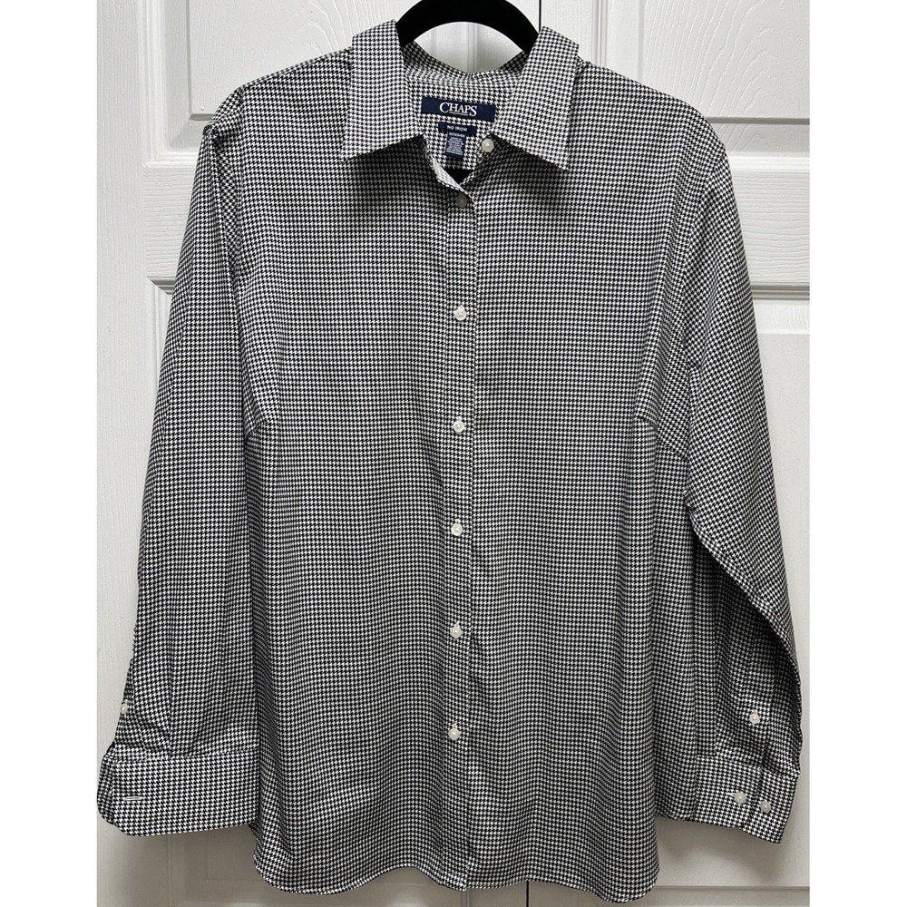 CHAPS Womens 1X No Iron Button Up Shirt Black White Houndstooth Long Sleeve